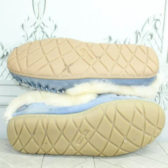 LL Bean Blue Suede Wicked Good Shearling Lined Moccasin Slippers Size 8 M - Picture 9 of 9